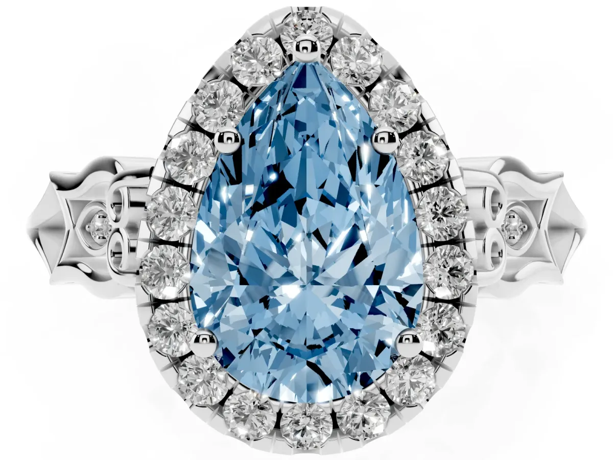 Fancy Blue Pear Cut Halo Diamond Engagement Ring with Filigree Band and Four-Prong Setting Platinum