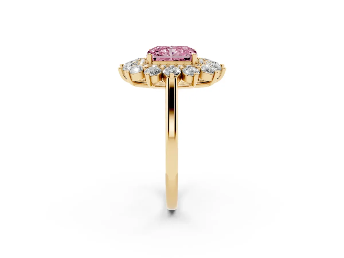 Fancy Pink Radiant Cut Diamond Floral Double Halo Engagement Ring with Prong Setting Yellow gold