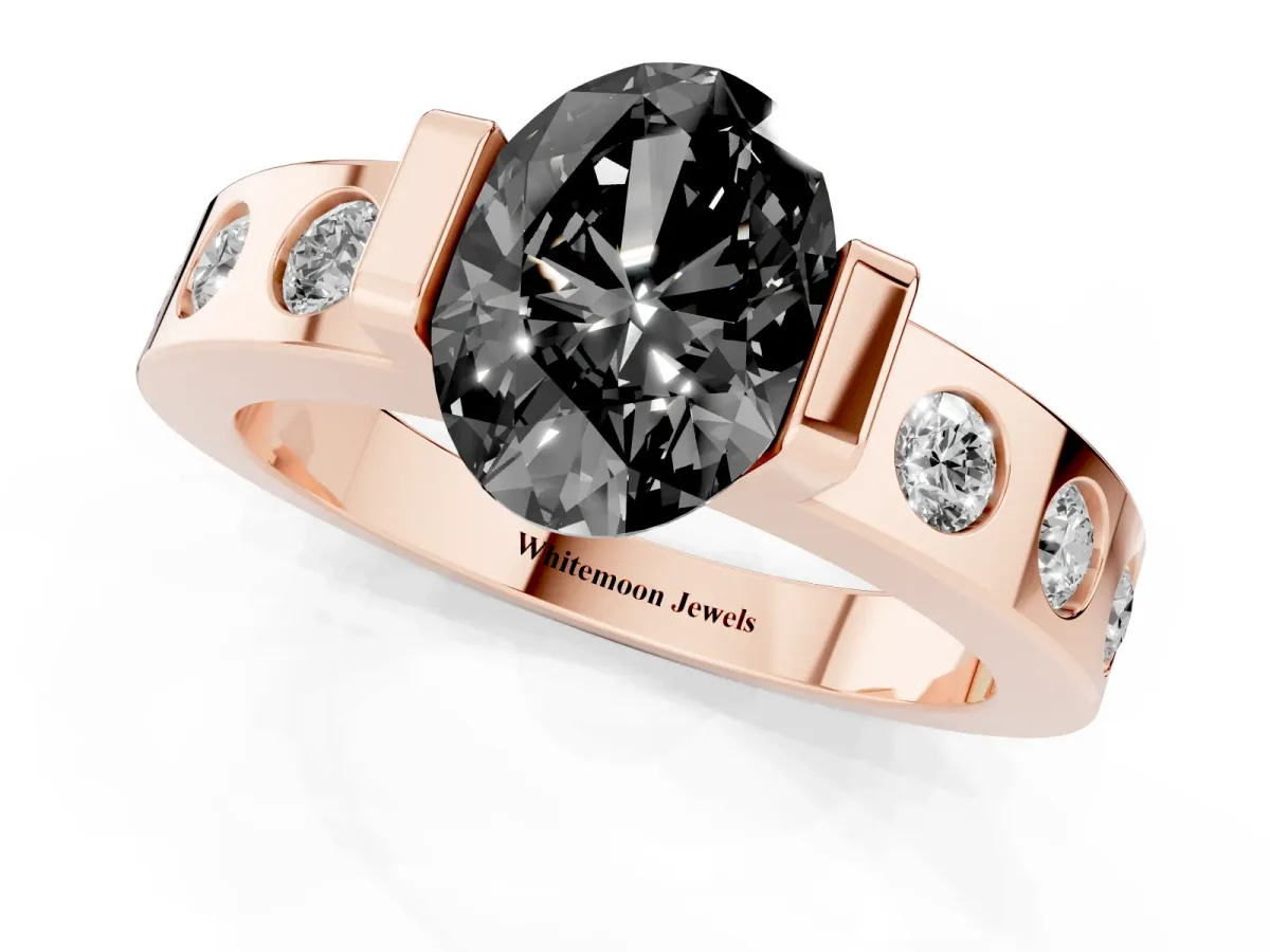 Fancy Black Oval Cut Brilliant Channel-Set Diamond Ring with Bezel Prong Setting Rose gold