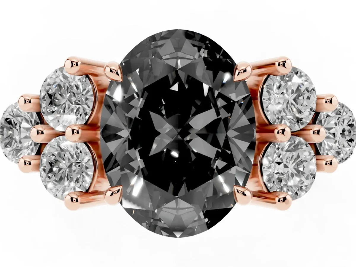 Fancy Black Oval Cut Brilliant Diamond Cluster Accent Solitaire Ring with Prong Setting Rose gold