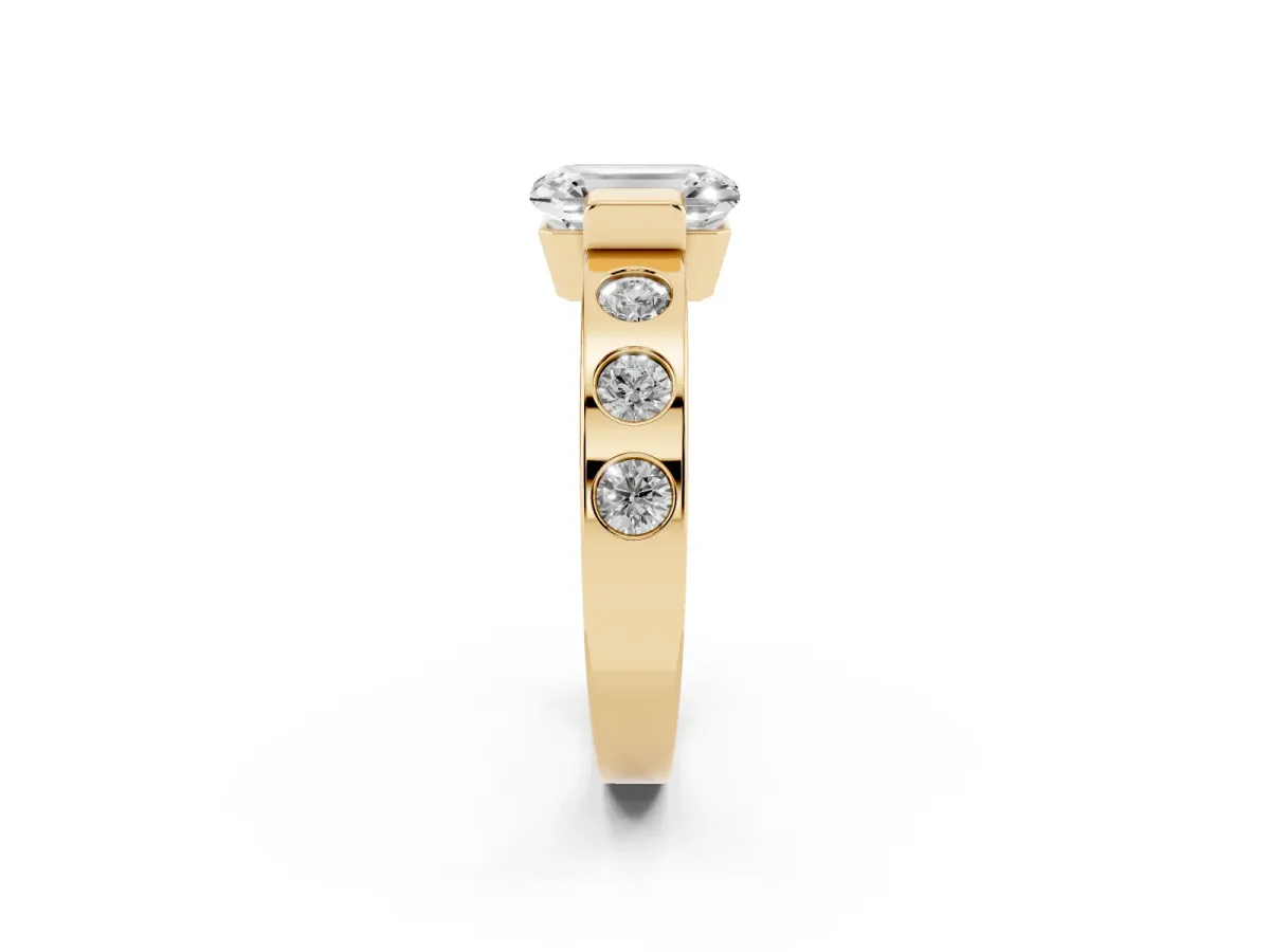 Emerald Cut Brilliant Channel-Set Diamond Ring with Bezel Prong Setting Yellow gold