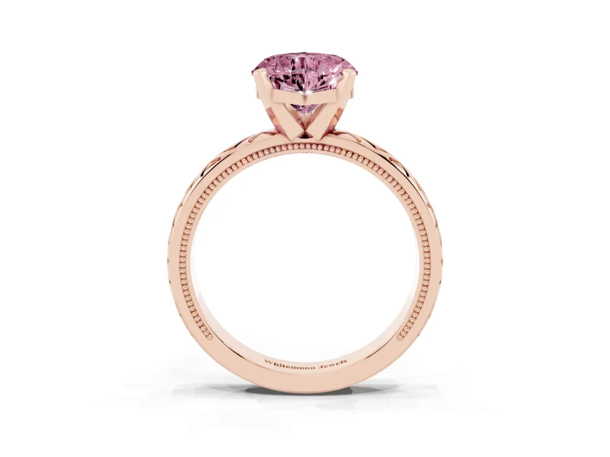 Fancy Pink Heart Cut Solitaire Diamond Ring with Milgrain and Black Enamel X Pattern Band Rose gold