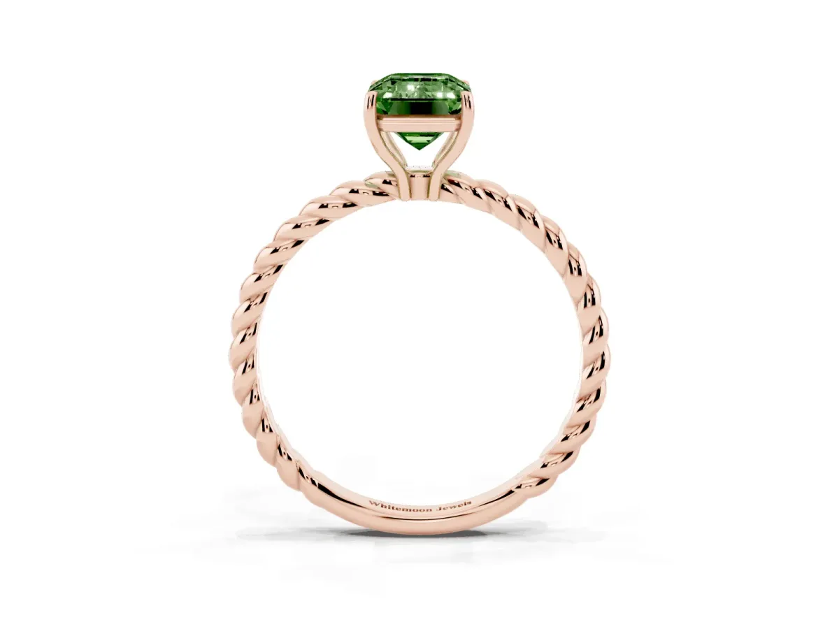 Fancy Green Emerald Cut Solitaire Twisted Band 4-Prong Ring Rose gold