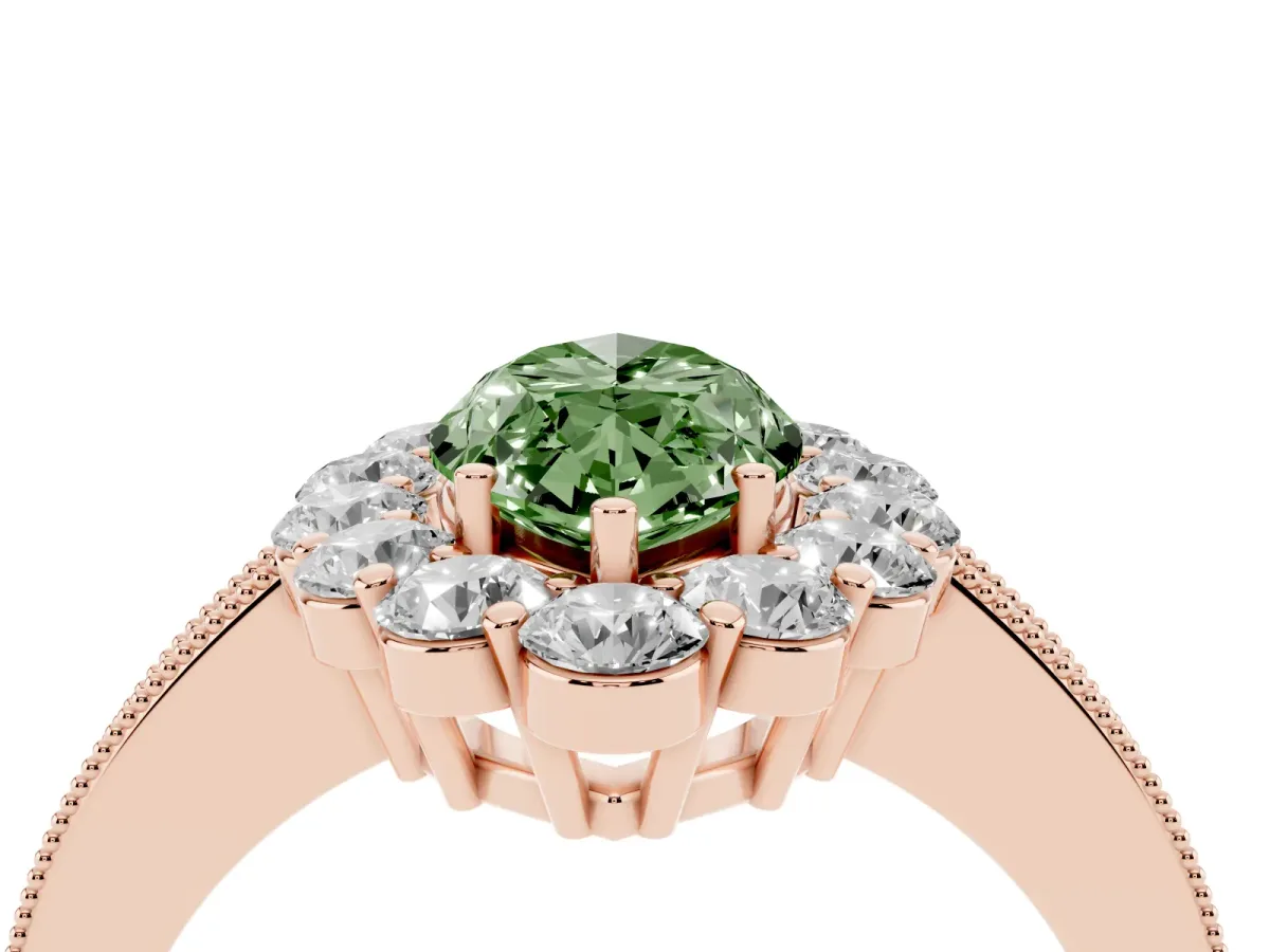 Fancy Green Marquise Cut Cut Halo Diamond Pavé Engagement Ring with Milgrain Detailing Rose gold