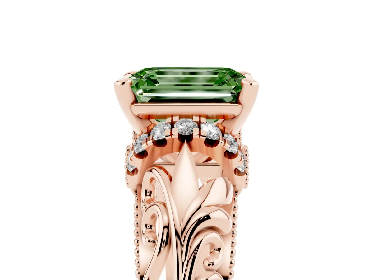 Fancy Green Emerald Cut Solitaire Filigree Engagement Ring with Halo and Prong Setting Rose gold