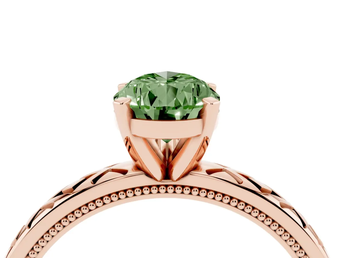 Fancy Green Pear Cut Solitaire Diamond Ring with Milgrain and Black Enamel X Pattern Band Rose gold