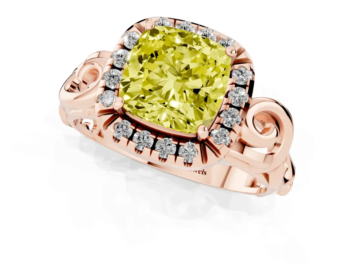 Fancy Yellow Cushion Cut Cut Halo Diamond Ring with Scrollwork Band and Four-Prong Setting Rose gold
