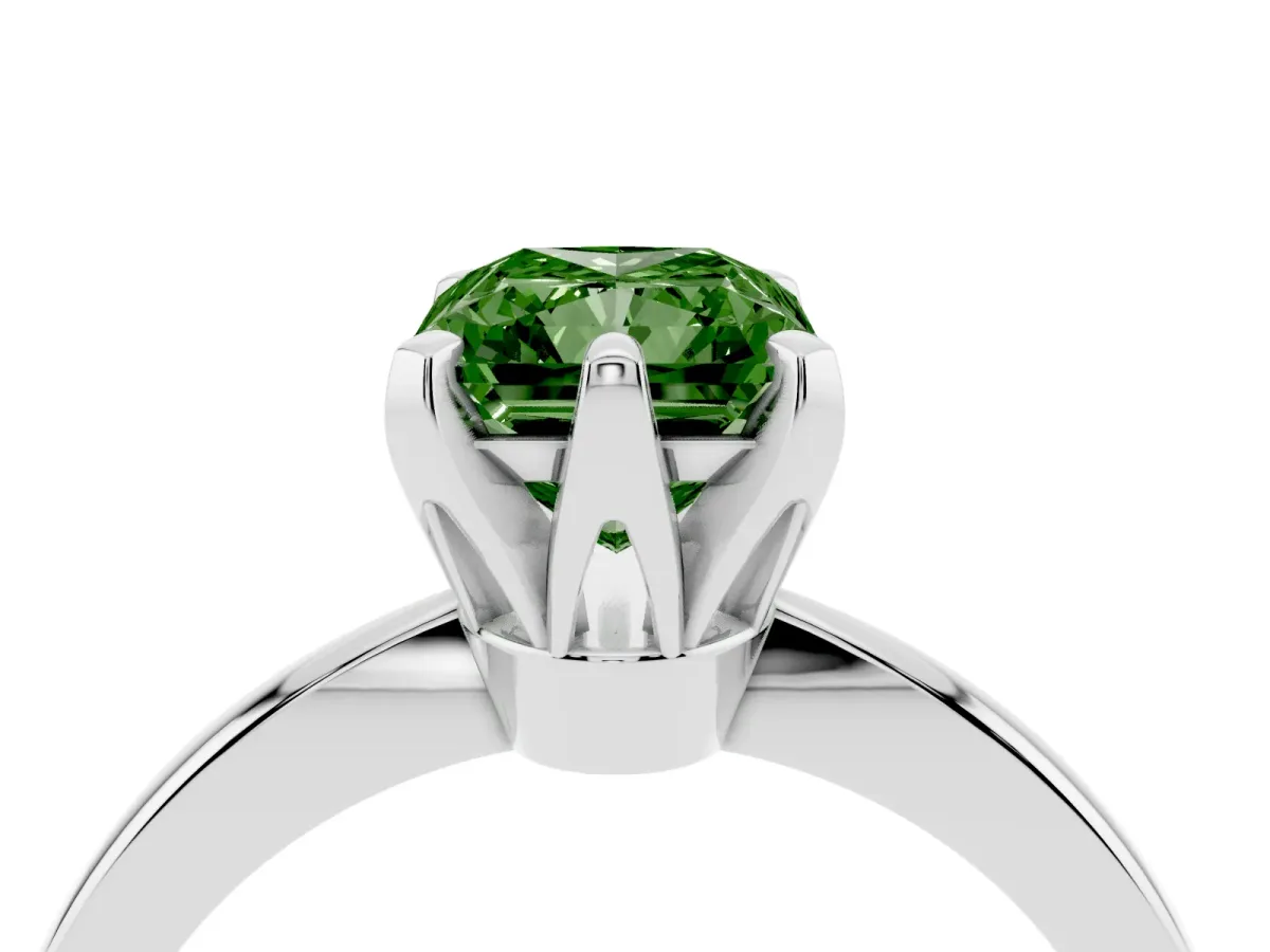 Fancy Green Radiant Cut Solitaire Engagement Ring with Six-Prong Setting and Tapered Band Silver