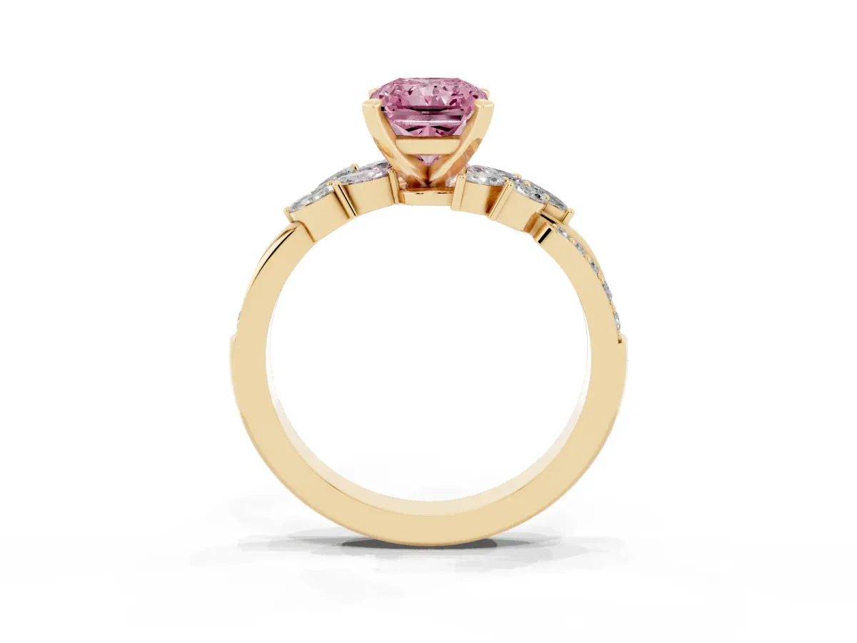 Fancy Pink Radiant Cut Solitaire Marquise Twist Band with Six-Prong Setting Yellow gold