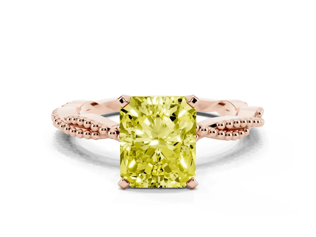Fancy Yellow Radiant Cut Solitaire Twisted Band with Bead Prong Setting Rose gold