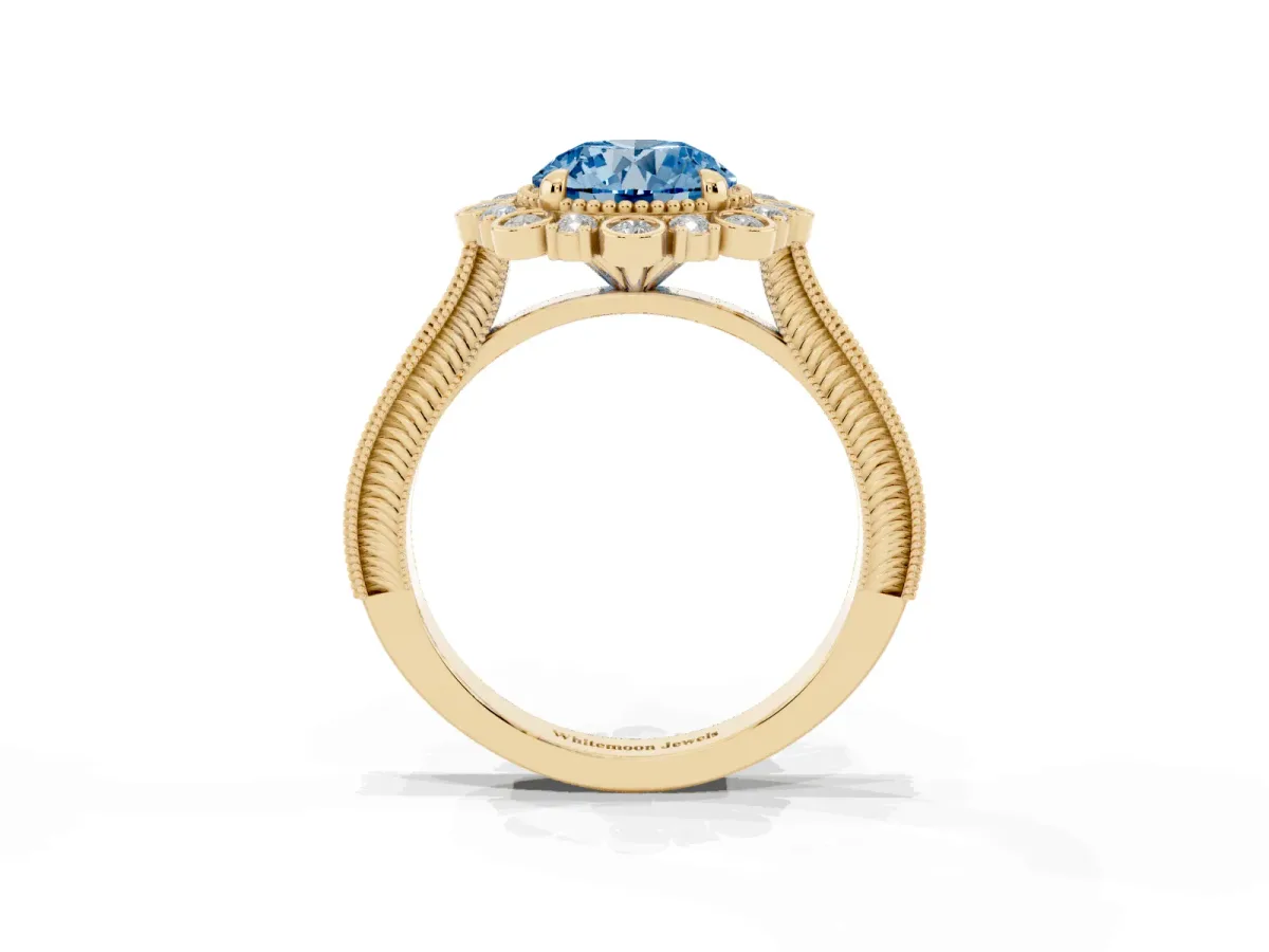 Fancy Blue Round Cut Halo Milgrain Pave Diamond Ring with Four-Prong Setting Yellow gold