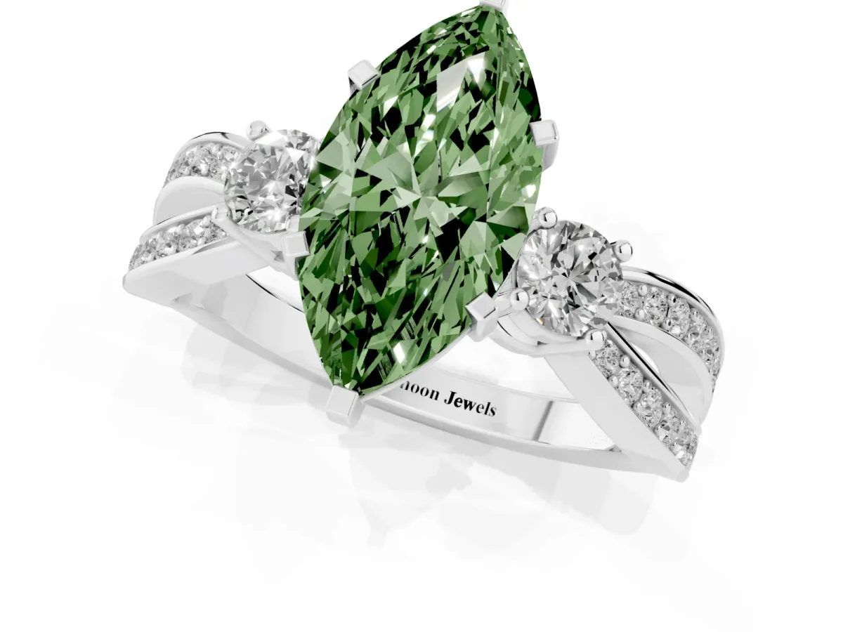 Fancy Green Three-Stone Marquise Cut Cut Diamond Twist Band with Prong Setting Silver
