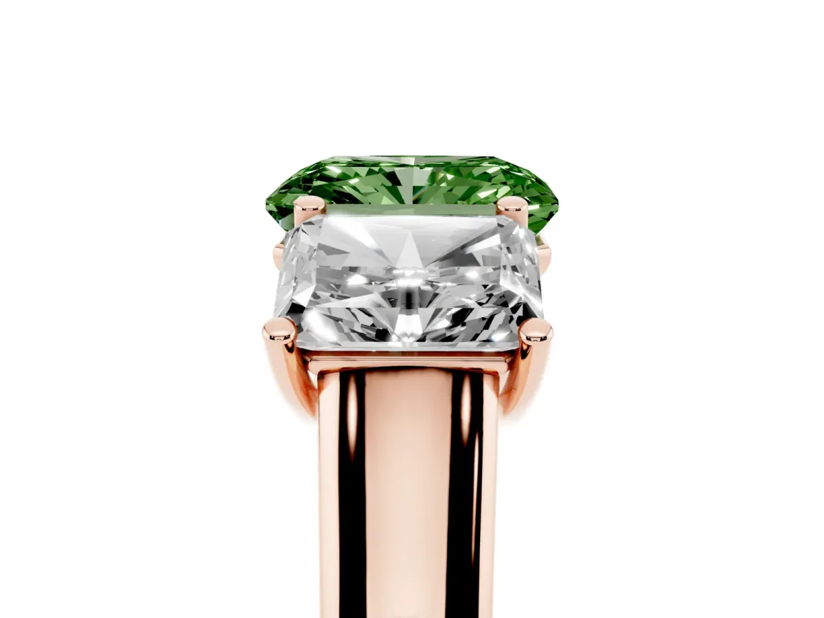 Fancy Green Radiant Cut Three-Stone Diamond Ring with Prong Setting on a Classic Band Rose gold