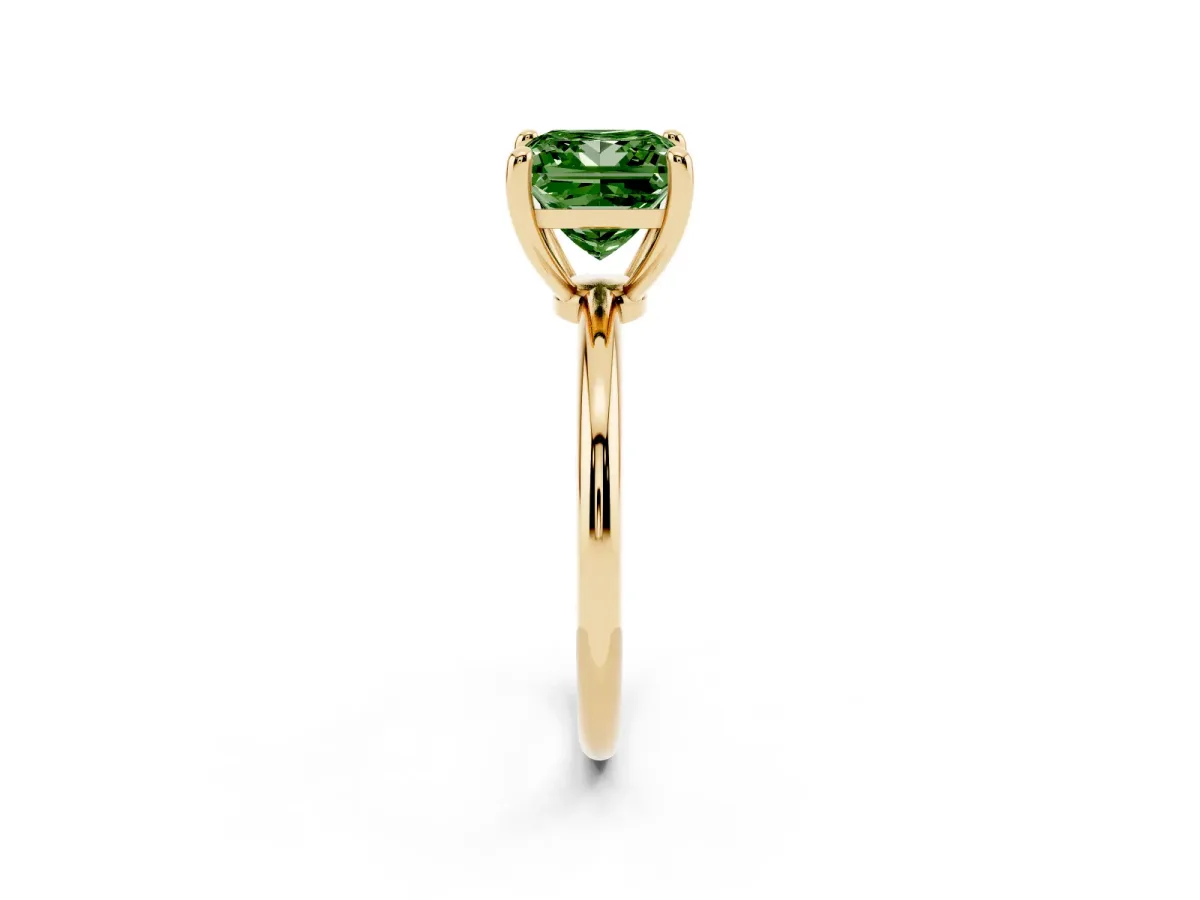 Fancy Green Princess Cut Solitaire Diamond Ring with 4-Prong Setting on a Classic Band Yellow gold