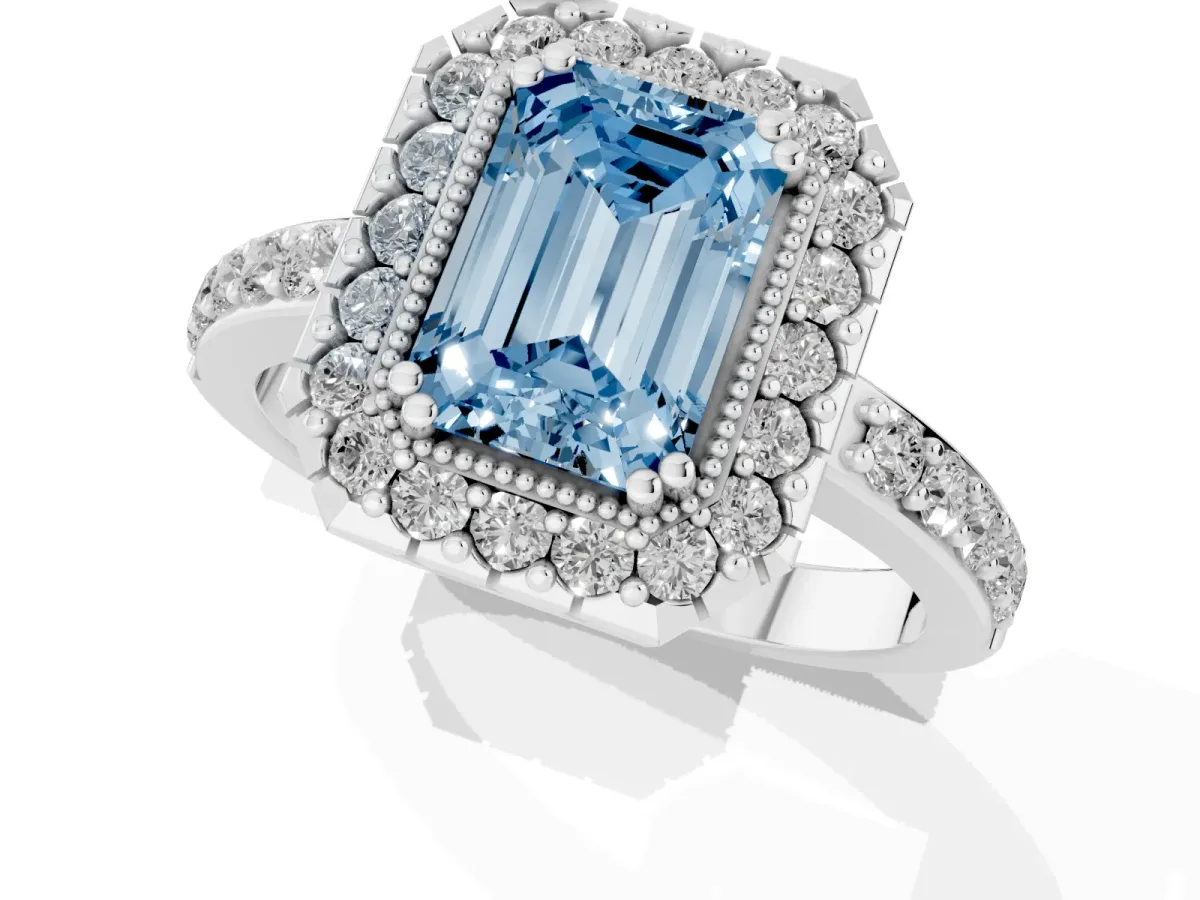 Fancy Blue Emerald Cut Diamond Halo Ring with Pavé Band and Prong Setting Silver