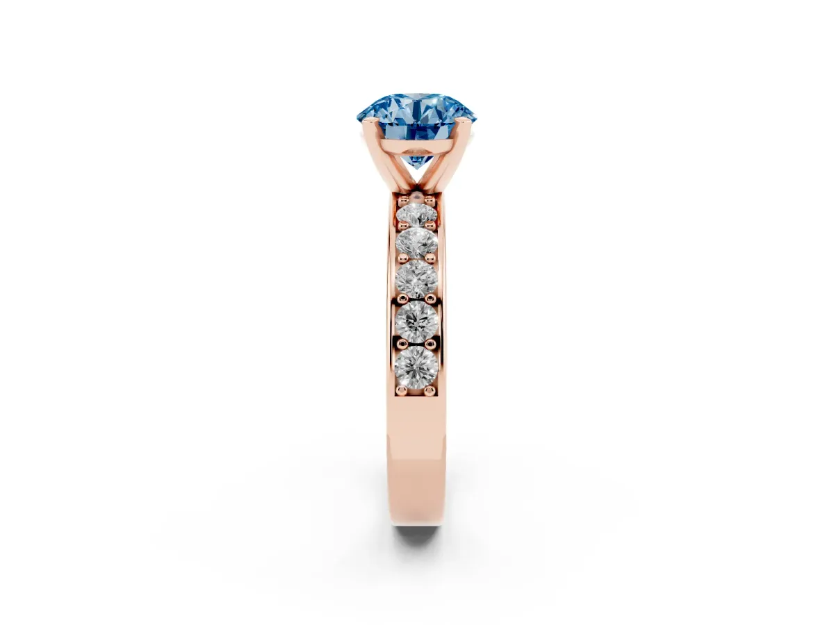 Fancy Blue Round Cut Diamond Engagement Ring with Channel Set Round Band and Prong Setting Rose gold