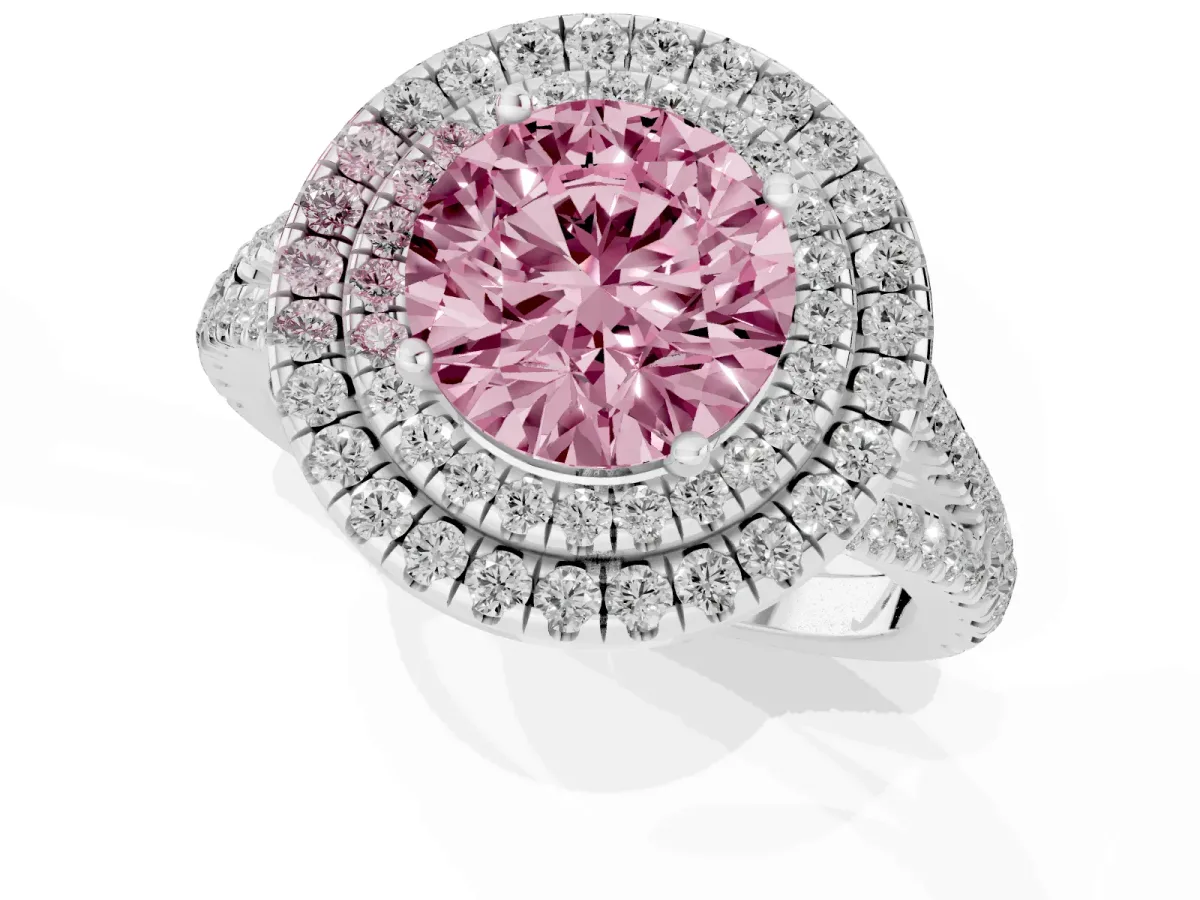 Fancy Pink Round Cut Diamond Double Halo Ring with Pavé Band and Prong Setting Platinum