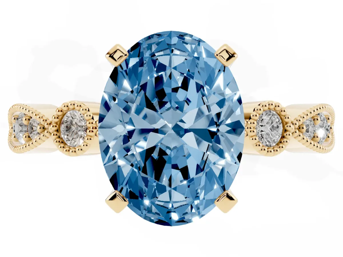 Fancy Blue Oval Cut Milgrain Bezel Diamond Engagement Ring with Solitaire Prong Setting Yellow gold