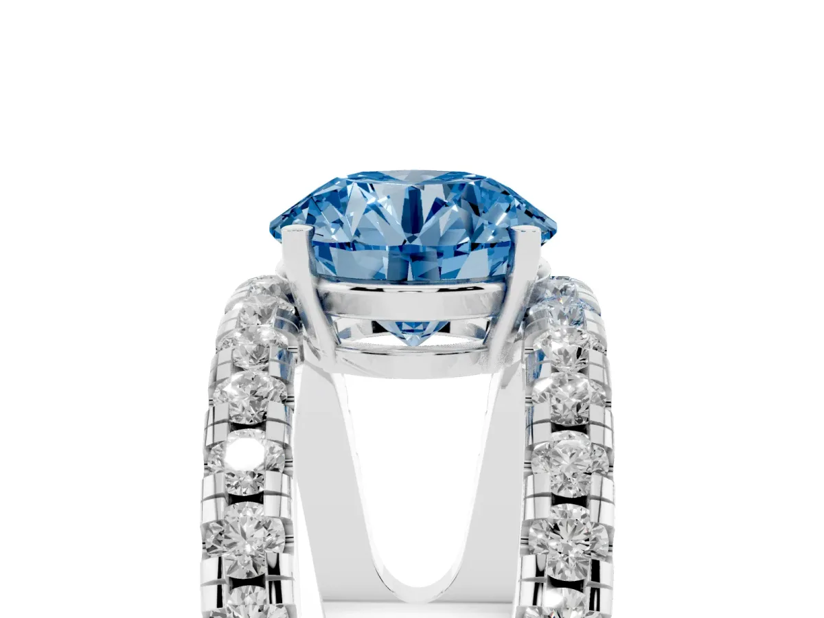 Fancy Blue Round Cut Solitaire Split Shank Pave Diamond Ring Platinum