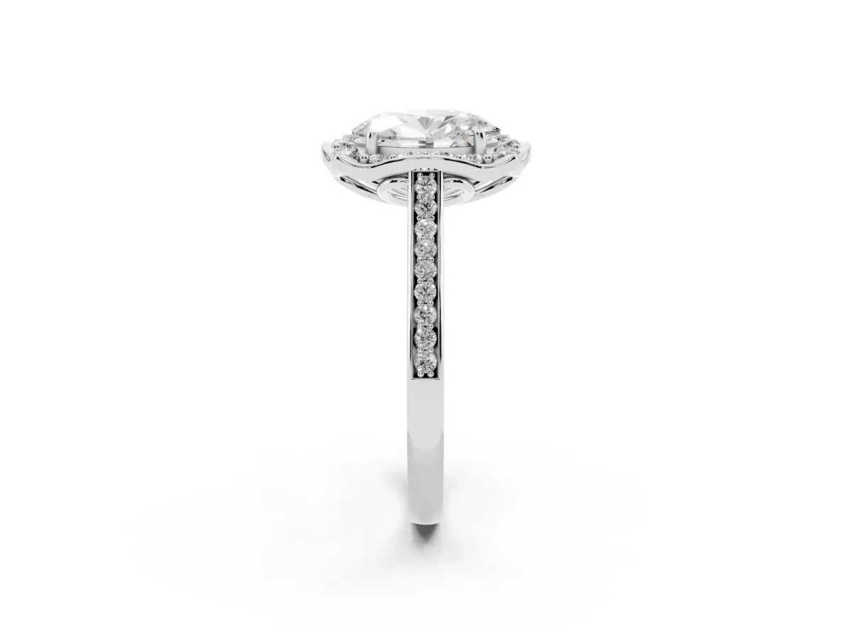 Oval Cut Halo Round Diamond Pave Band with Four-Prong Setting Silver