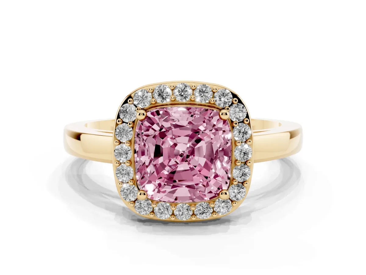 Fancy Pink Cushion Cut Halo Diamond Ring with Solitaire Band and Prong Setting Yellow gold