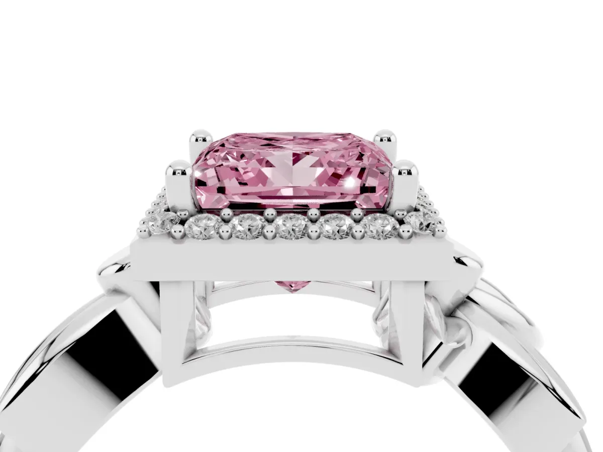 Fancy Pink Princess Cut Halo Diamond Floral Band with Four-Prong Setting Platinum