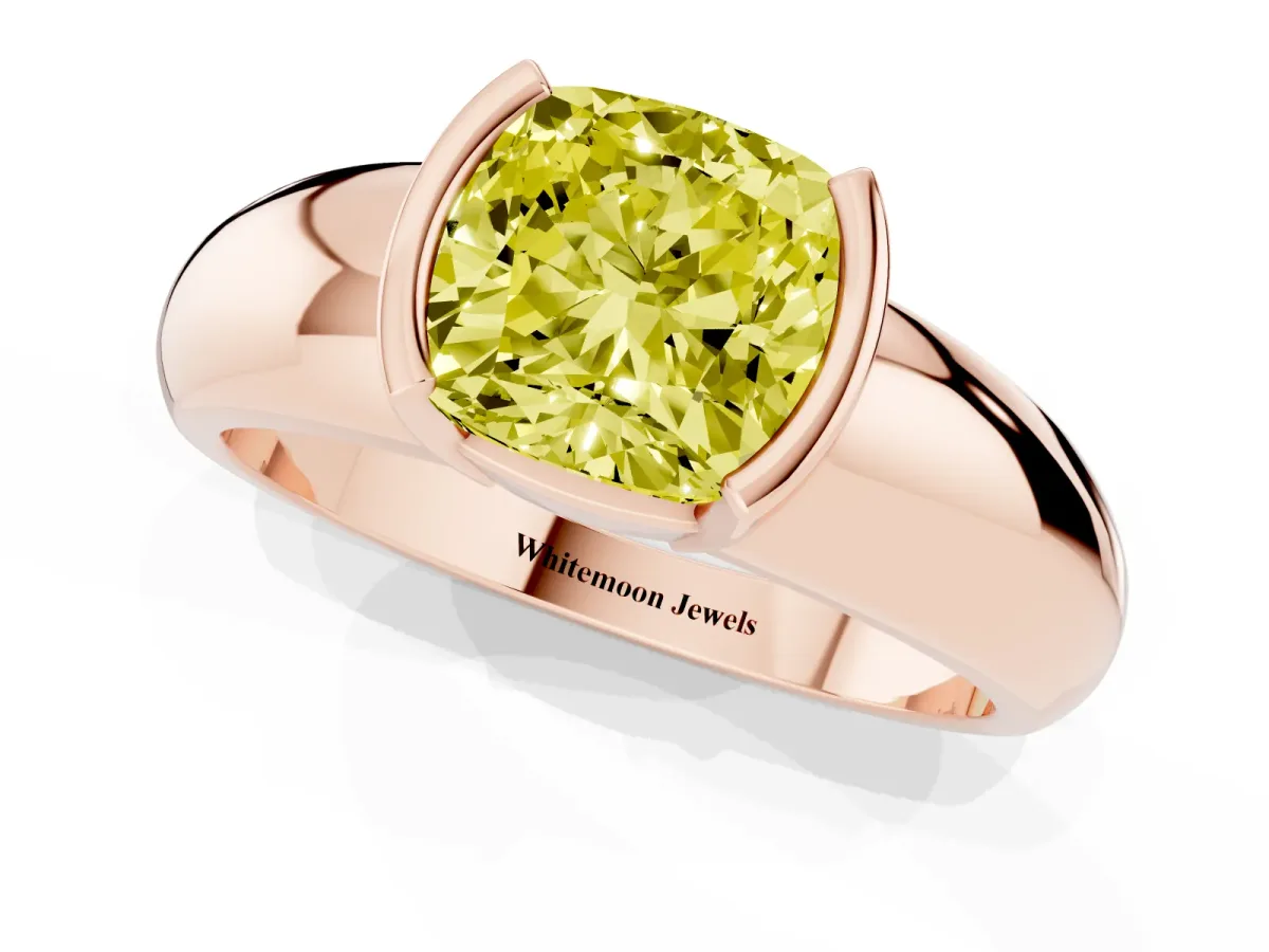 Fancy Yellow Cushion Cut Solitaire Tension Set Diamond Ring with Wide Band Rose gold