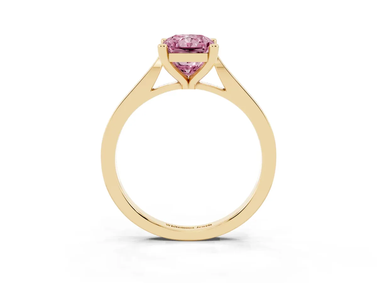 Fancy Pink Radiant Cut Solitaire Diamond Ring with Four-Prong Setting and Tapered Band Yellow gold