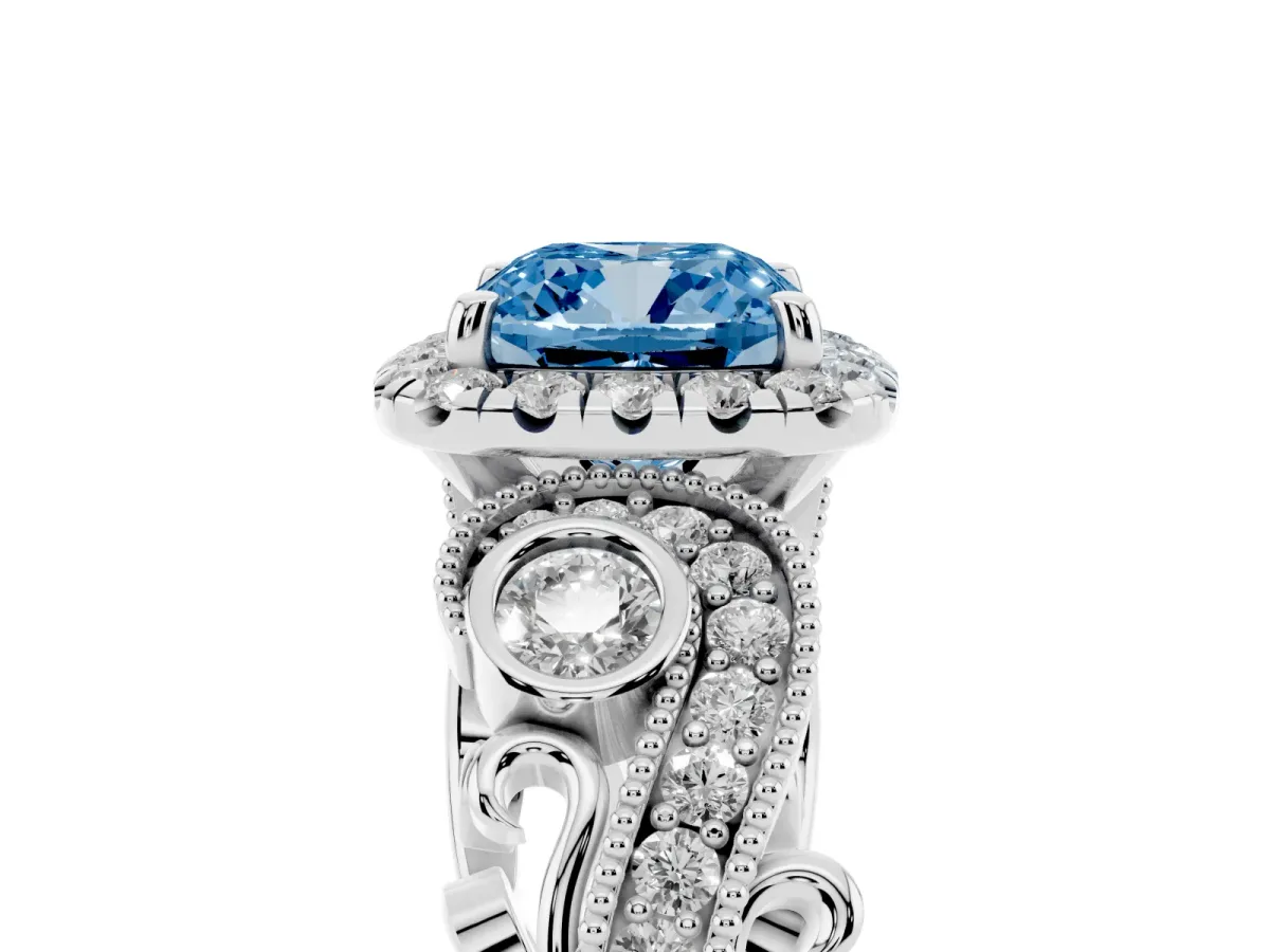 Fancy Blue Cushion Cut Diamond Halo Ring with Milgrain Pavé Band and Four-Prong Setting Platinum