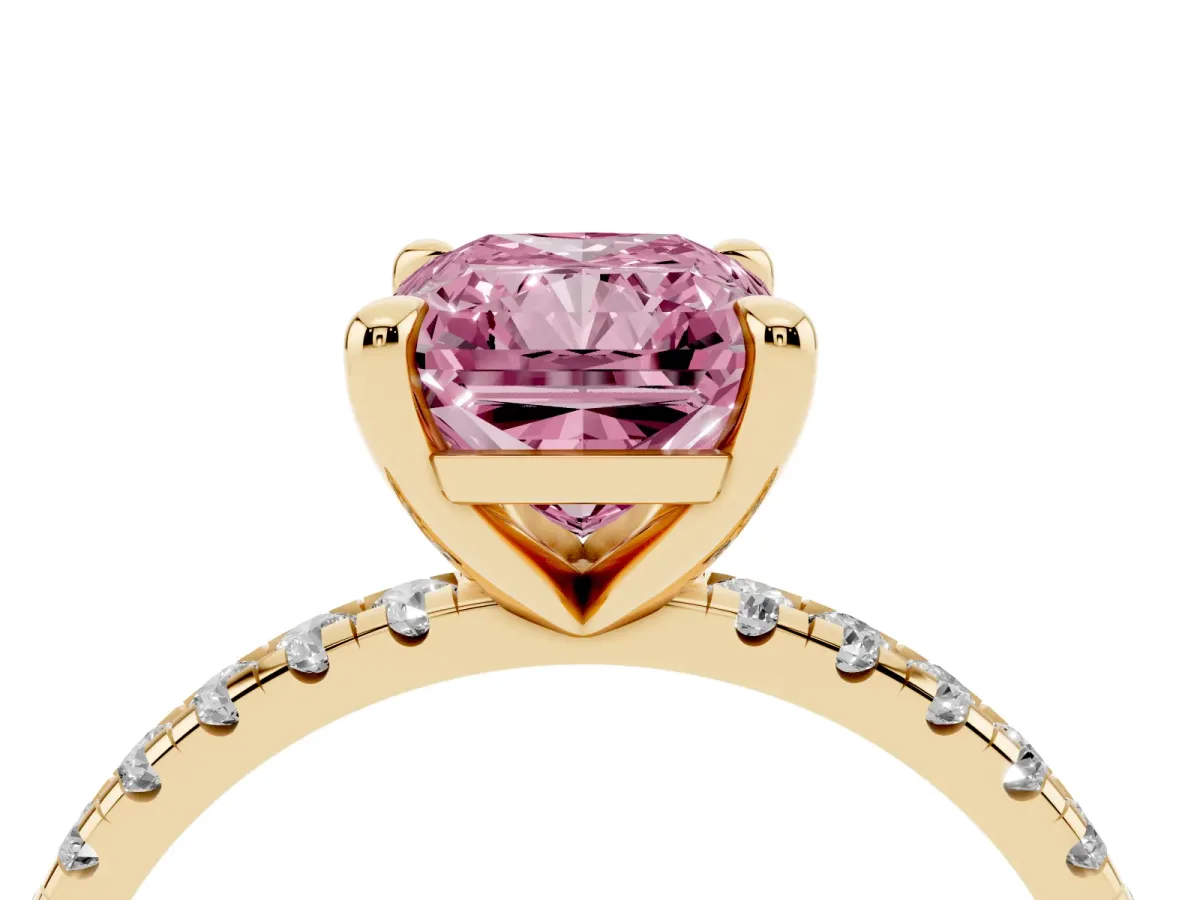 Fancy Pink Radiant Cut Diamond Brilliant Solitaire Ring with Pavé Band and Four-Prong Setting Yellow gold
