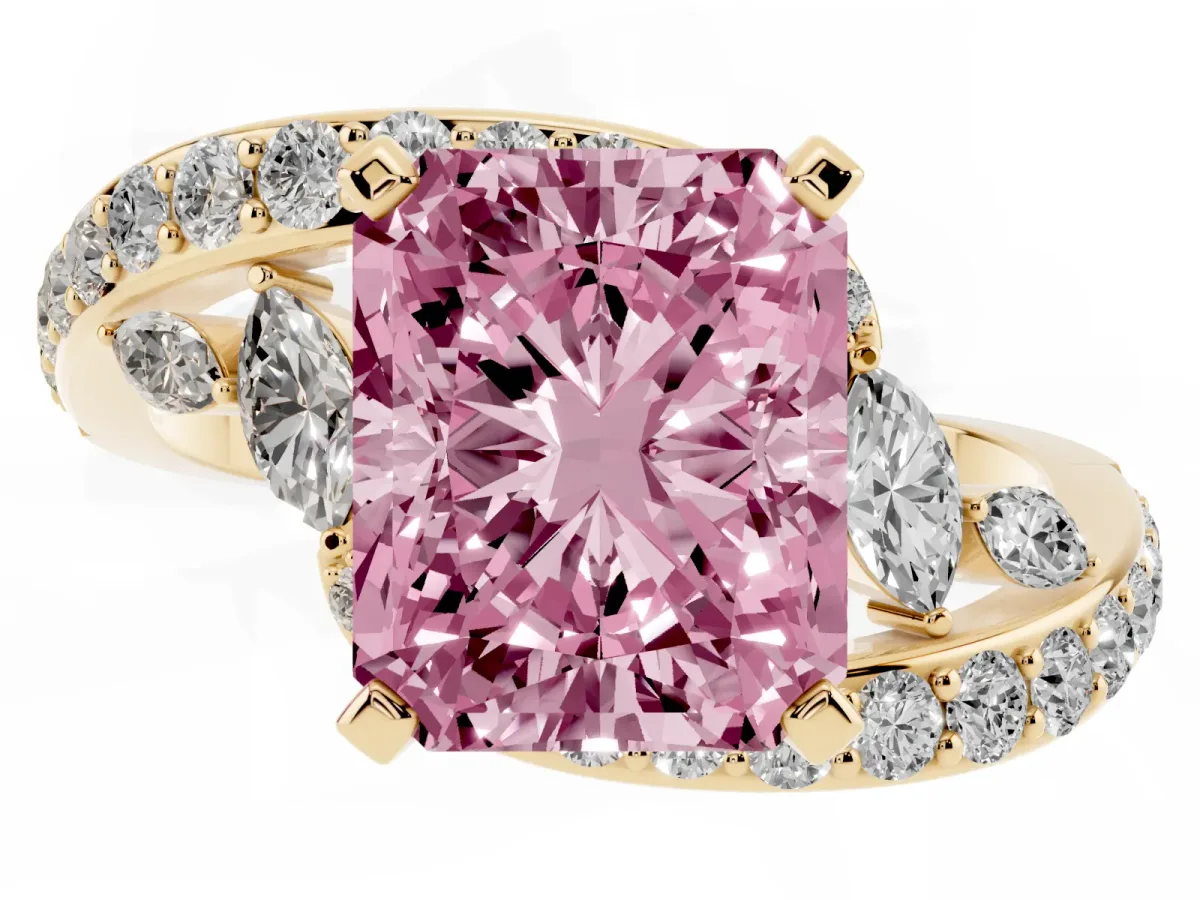 Fancy Pink Radiant Cut Solitaire with Pavé Twist Band and Four-Prong Setting Yellow gold