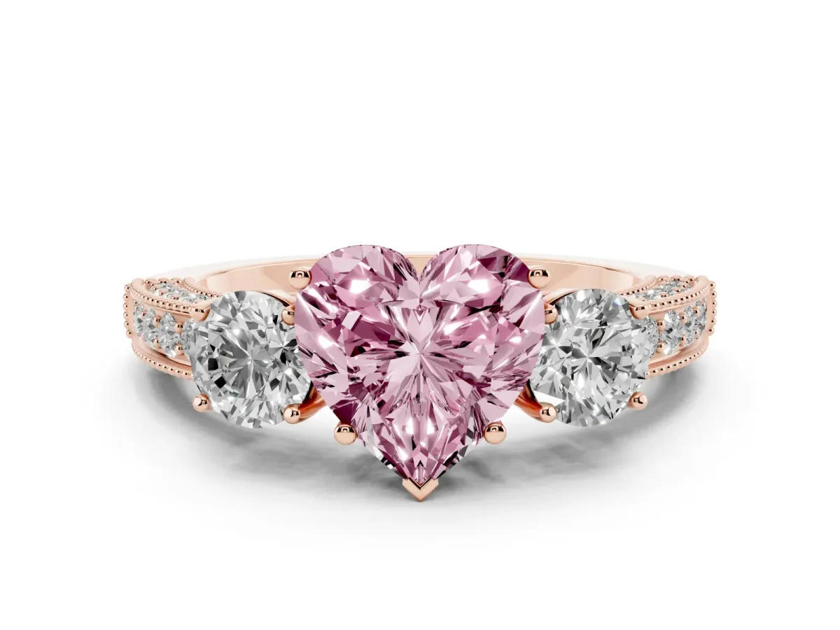 Fancy Pink Heart Cut Three-Stone Diamond Ring with Pavé Band and Four-Prong Setting Rose gold