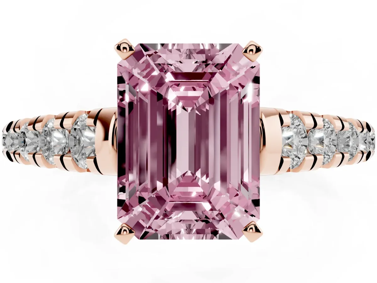 Fancy Pink Emerald Cut Diamond Cathedral Solitaire Ring with Round Pavé Band Rose gold
