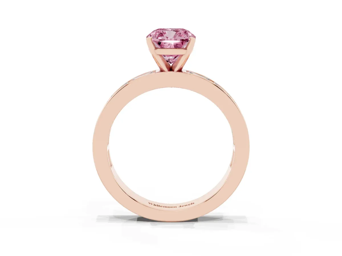 Fancy Pink Cushion Cut Solitaire Diamond Ring with Channel-Set Baguette Band and Four-Prong Setting Rose gold