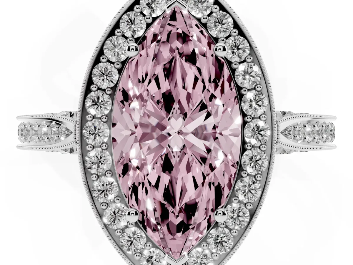 Fancy Pink Marquise Cut Halo Diamond Engagement Ring with Split Shank Band and Four-Prong Setting Silver