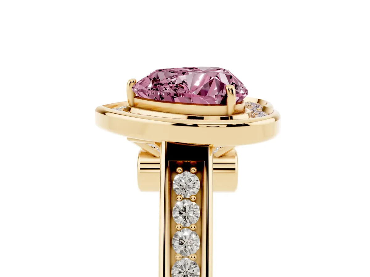 Fancy Pink Heart Cut Halo Solitaire Diamond Ring with Pave Band and Bezel Setting Yellow gold