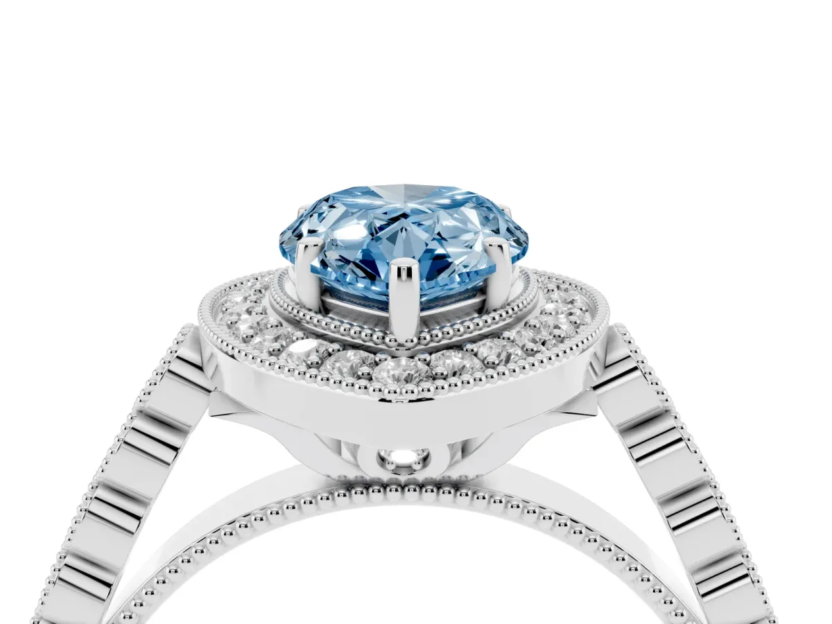 Fancy Blue Pear Cut Halo Milgrain Solitaire with Bezel Set Side Stones and Pave Band Silver