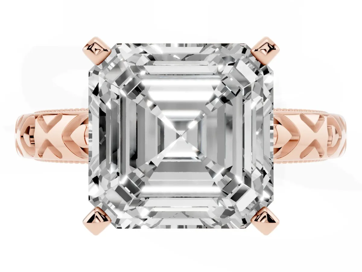 Asscher Cut Solitaire Diamond Engagement Ring with XO Engraved Band and Four-Prong Setting Rose gold