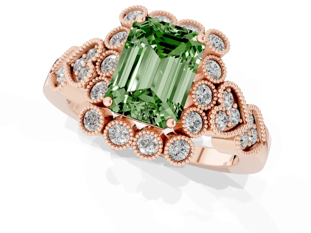 Fancy Green Emerald Cut Brilliant Milgrain Pave Heart Band Solitaire Ring Rose gold