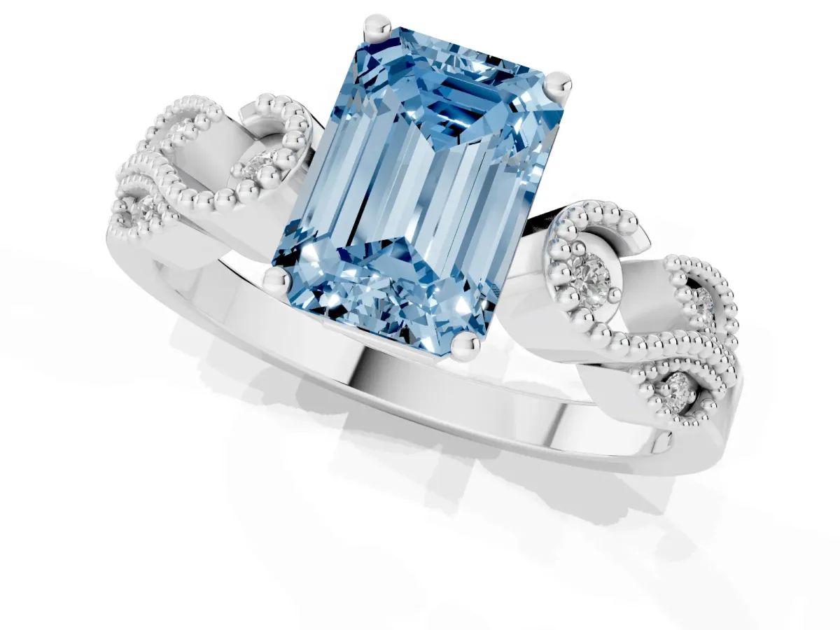Fancy Blue Emerald Cut Solitaire Milgrain Leaf Band with Prong Setting Silver