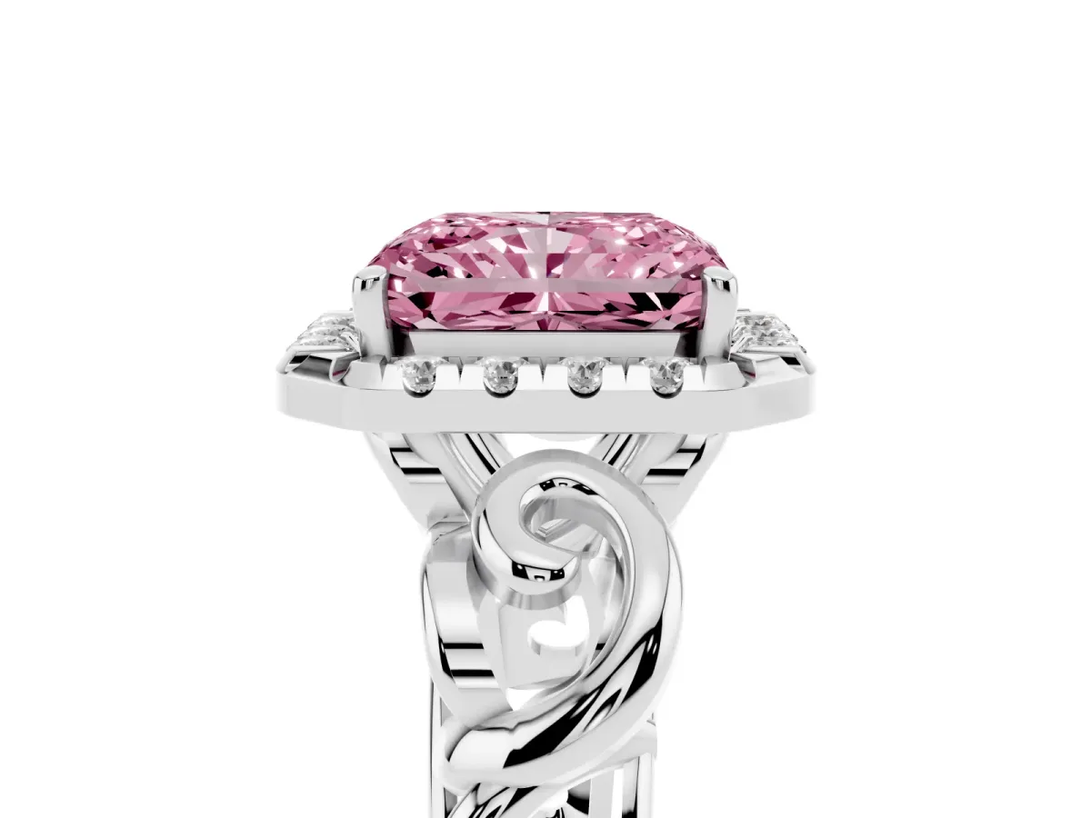 Fancy Pink Radiant Cut Cut Halo Diamond Ring with Scrollwork Band and Four-Prong Setting Silver
