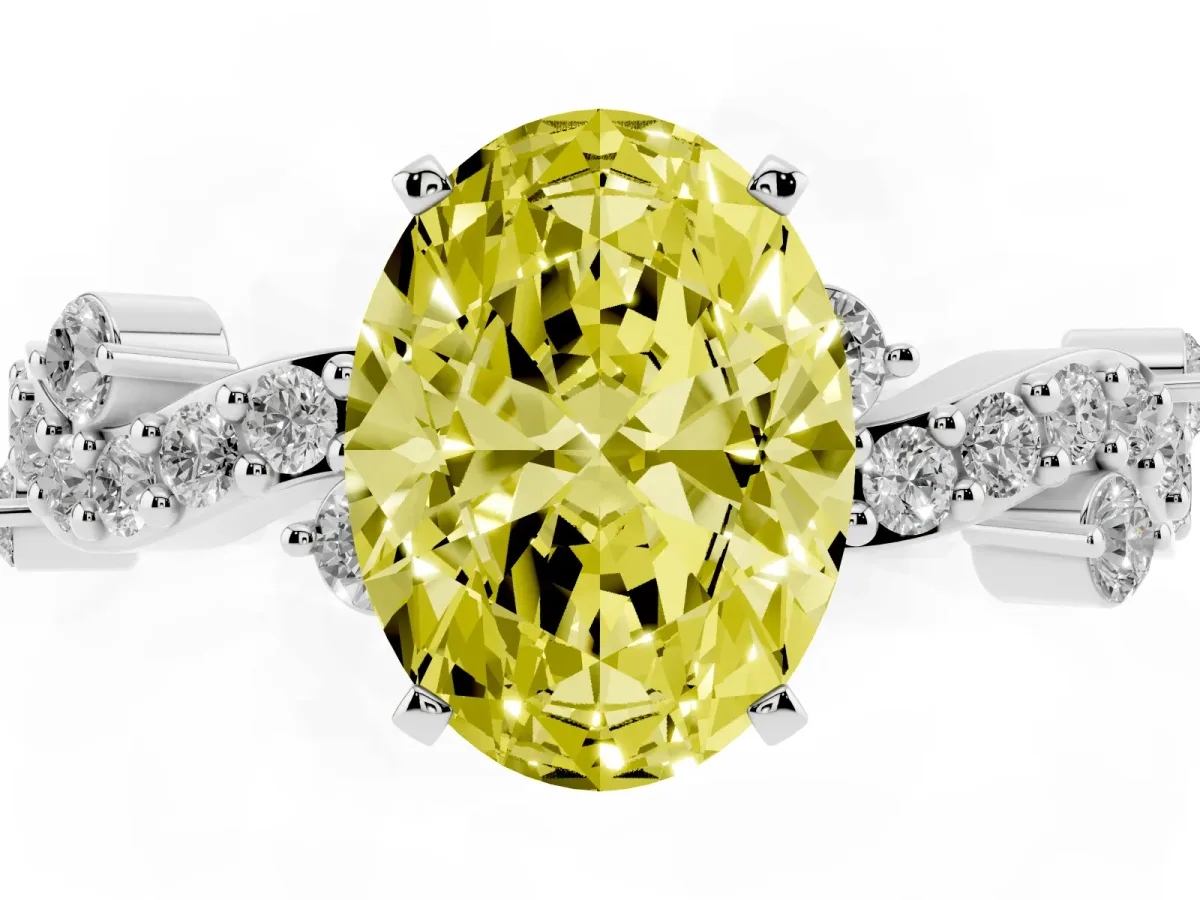 Fancy Yellow Oval Cut Cut Solitaire Diamond Twisted Band with Pave Setting Silver
