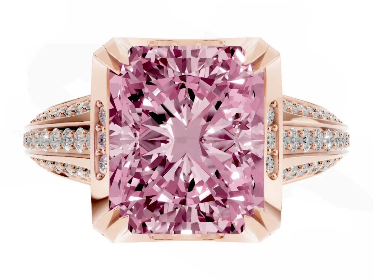 Fancy Pink Radiant Cut Solitaire Pave Split Shank Ring with Four-Prong Setting Rose gold