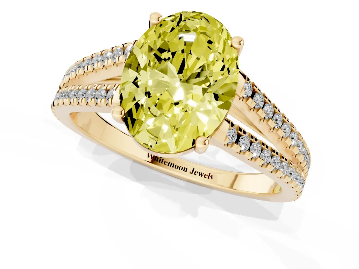 Fancy Yellow Oval Cut Diamond Solitaire Engagement Ring with Split Shank Pavé Band Yellow gold