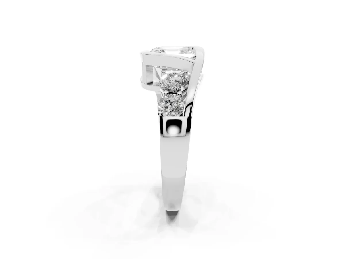 Bezel Set Asscher Cut Diamond Bypass Ring with Round Accents White gold
