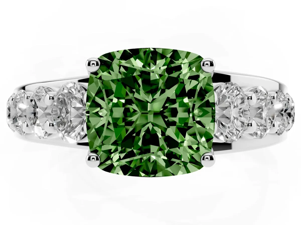 Fancy Green Cushion Cut Diamond Engagement Ring with Pavé Band and Four-Prong Setting Platinum