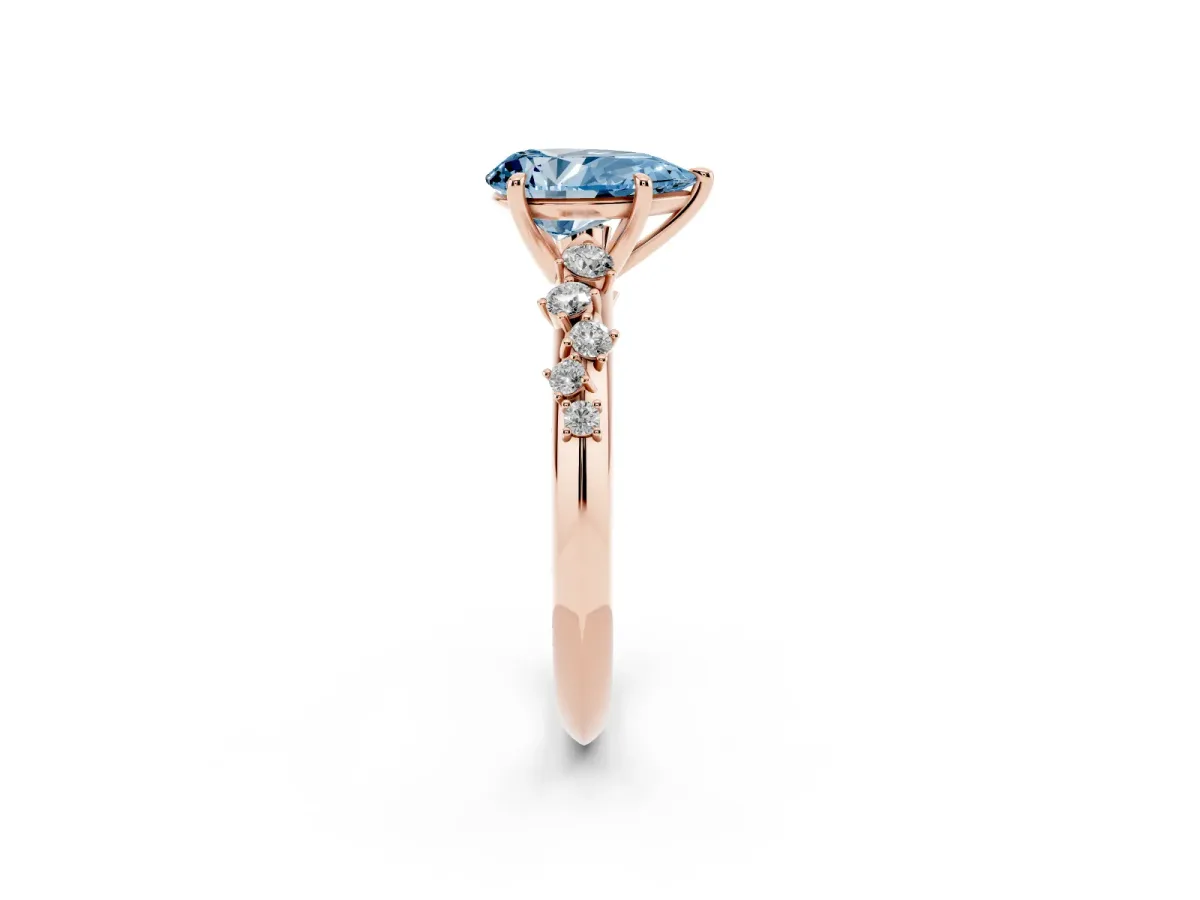 Fancy Blue Pear Cut Diamond Cluster Side Stone Solitaire Ring with Prong Setting Rose gold