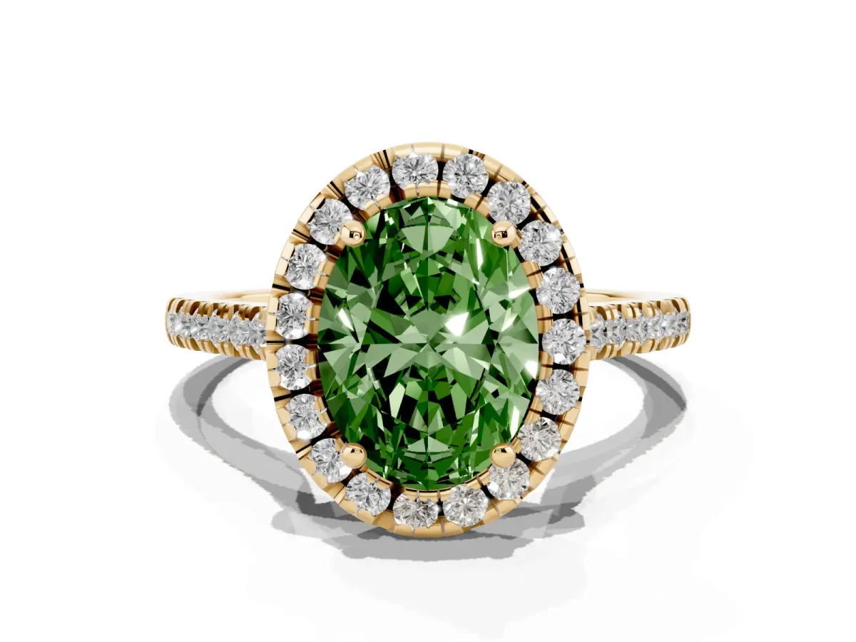 Fancy Green Oval Cut Diamond Cushion Halo Ring with Pavé Band Yellow gold