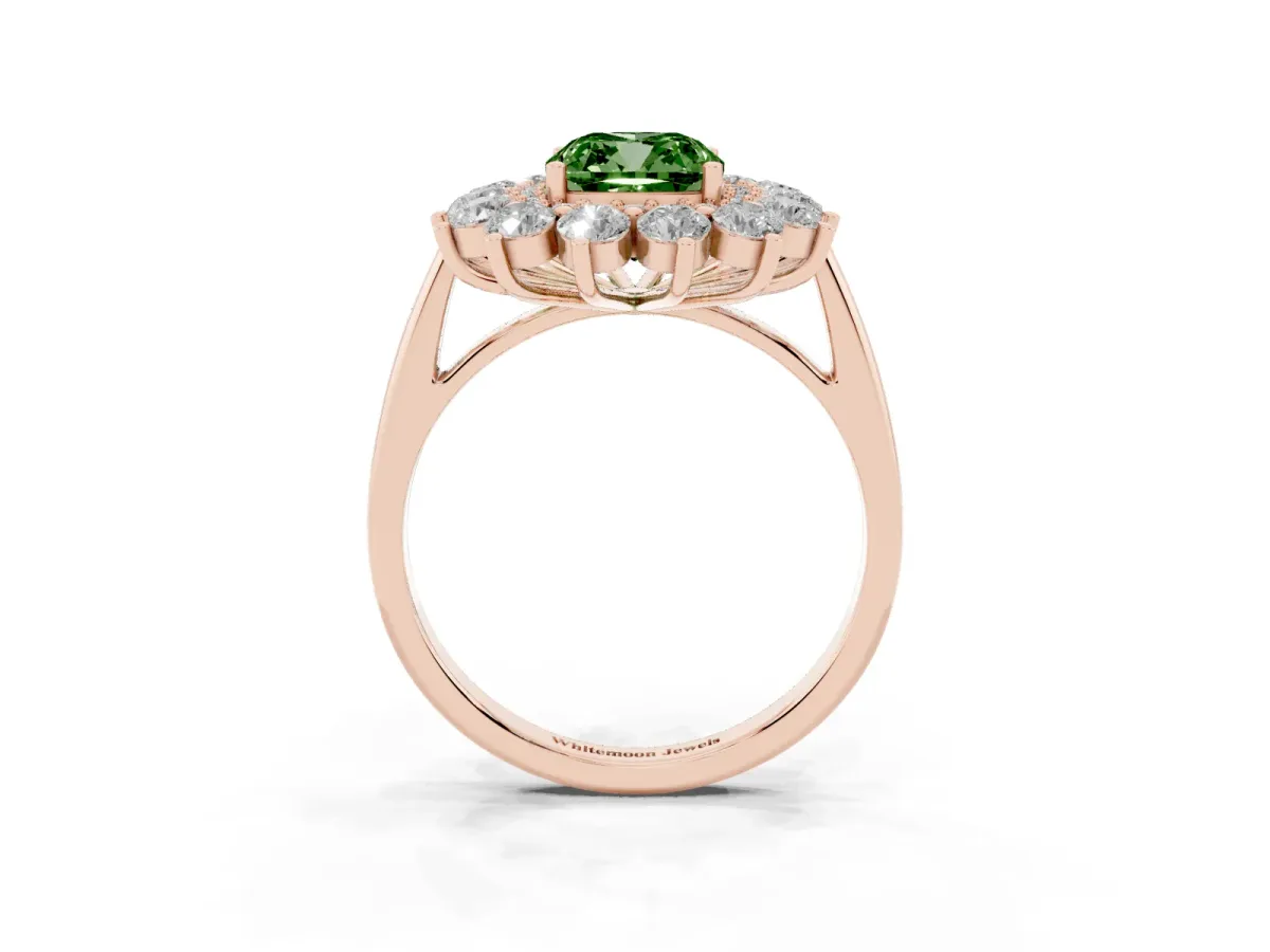 Fancy Green Cushion Cut Diamond Floral Double Halo Engagement Ring with Prong Setting Rose gold