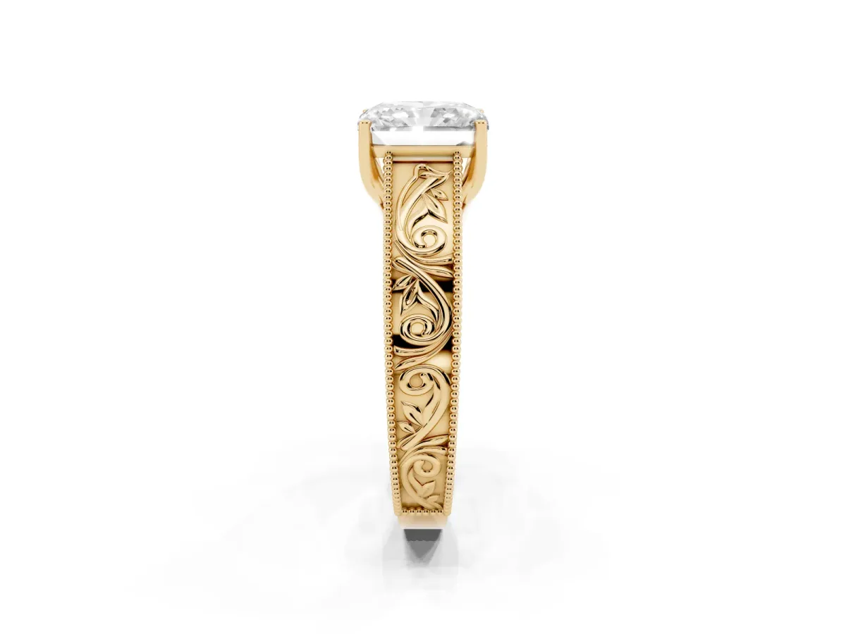 Radiant Cut Diamond Solitaire Ring with Engraved Band and Four-Prong Setting Yellow gold